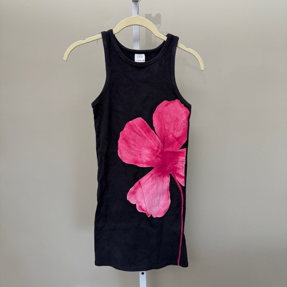 Zara Black Tank Dress with Pink Floral Design kids size  11-12